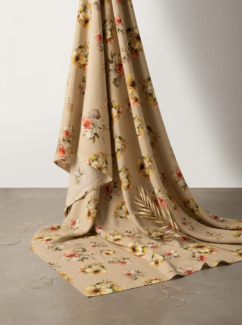 Cream Vintage Floral Bouquet Rayon Digital Printed Fabric