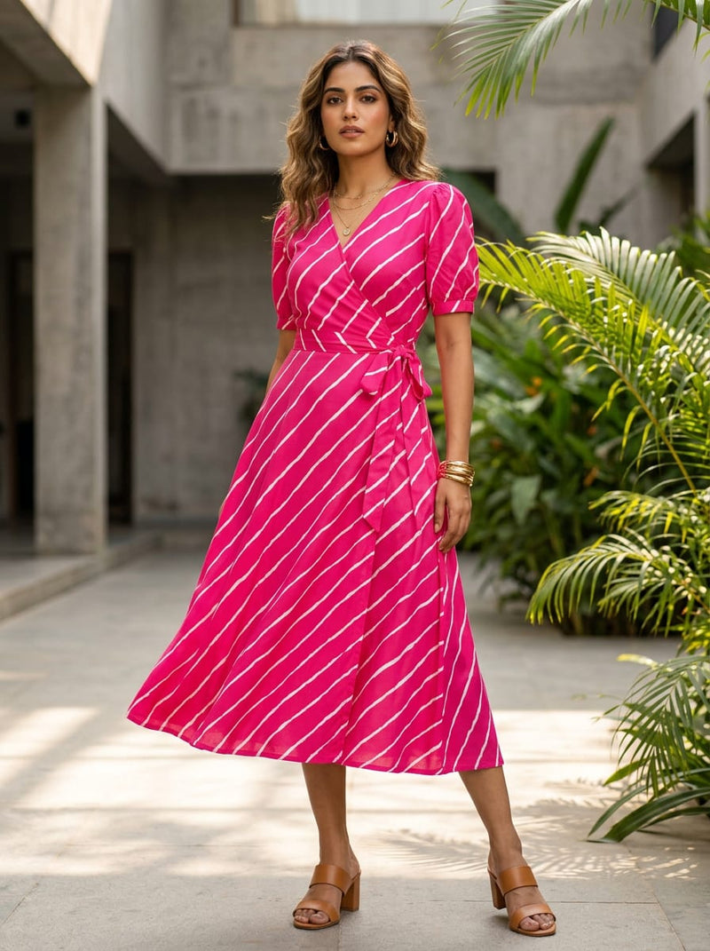 Pink Wavy Leheriya Stripes Rayon Digital Printed Fabric