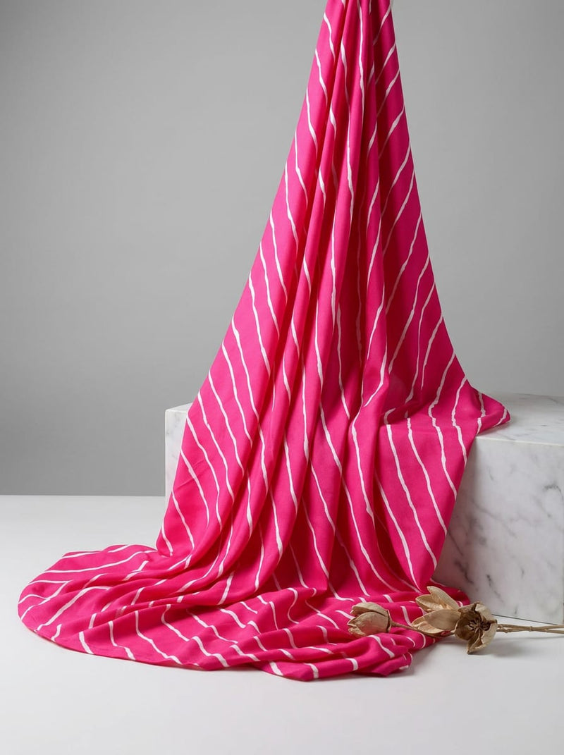 Pink Wavy Leheriya Stripes Rayon Digital Printed Fabric
