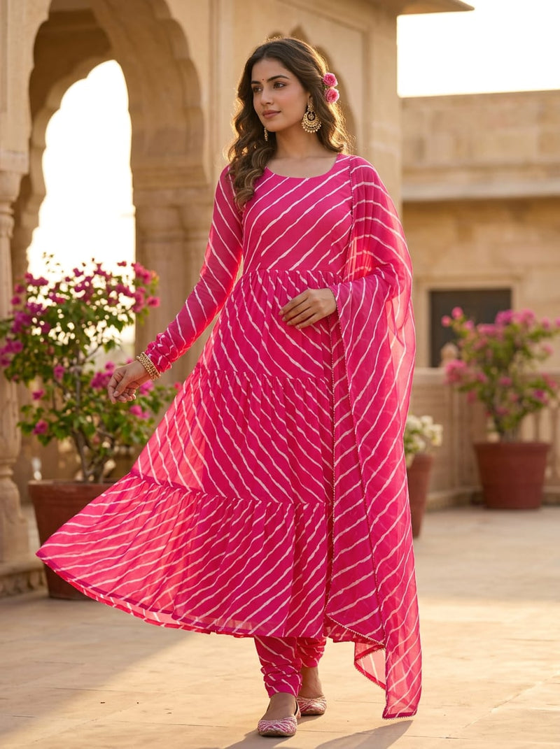 Pink Wavy Leheriya Stripes Rayon Digital Printed Fabric