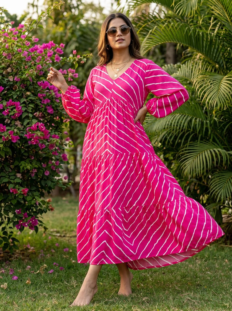 Pink Wavy Leheriya Stripes Rayon Digital Printed Fabric