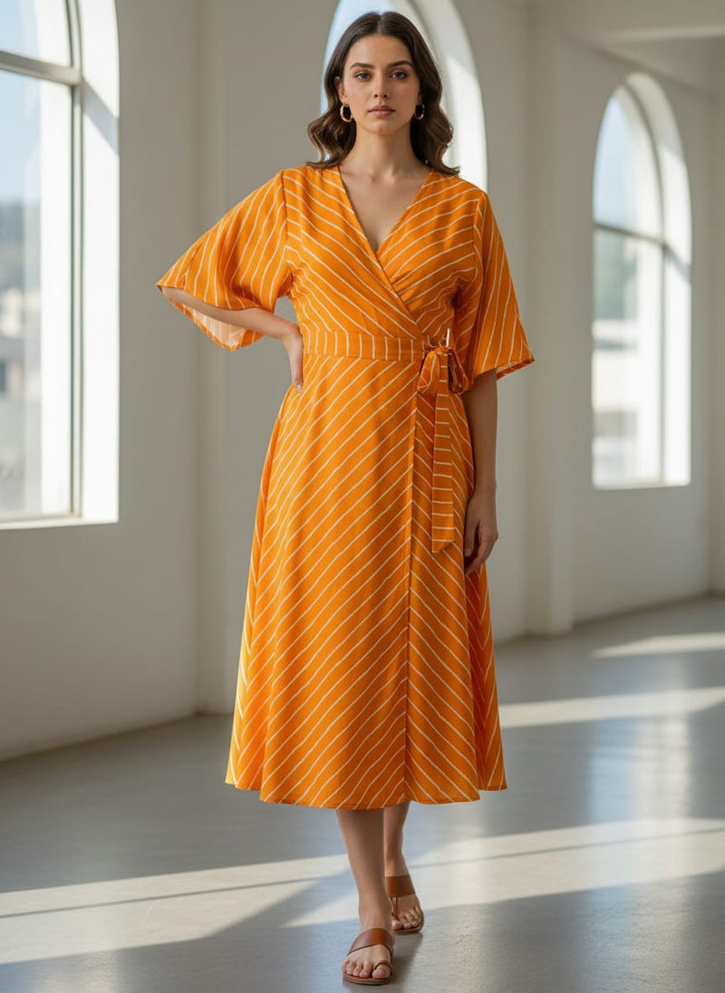 Decorative Yellow Gradient Strips Wave Digital Printed Fabric - Rayon