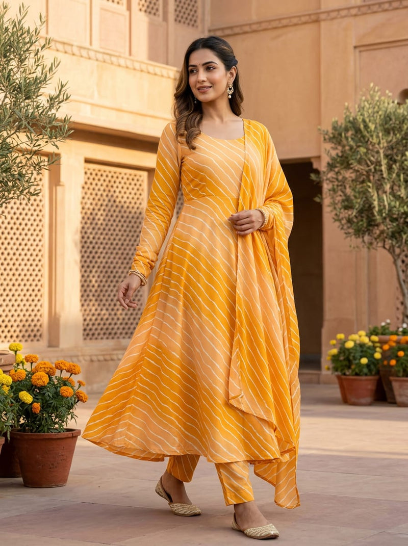 Yellow and Orange Ombre Wavy Stripes Rayon Digital Printed Fabric
