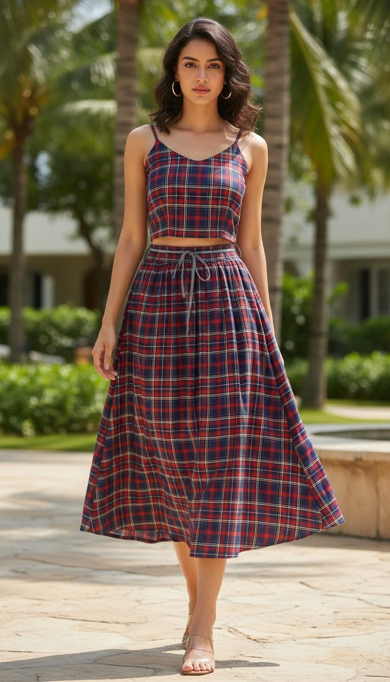 Navy and Red Tartan Checkered Pattern Rayon Digital Printed Fabric