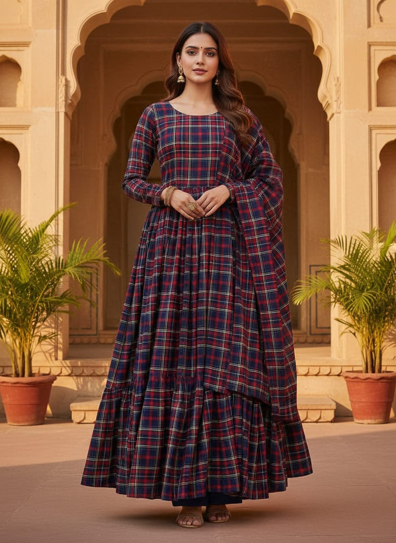 Gingham Pattern With Red And Blue Colour Digital Printed Fabric - Rayon