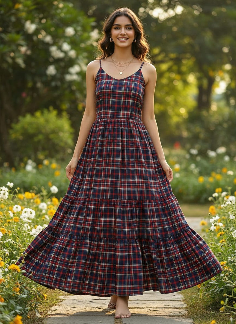 Gingham Pattern With Red And Blue Colour Digital Printed Fabric - Rayon