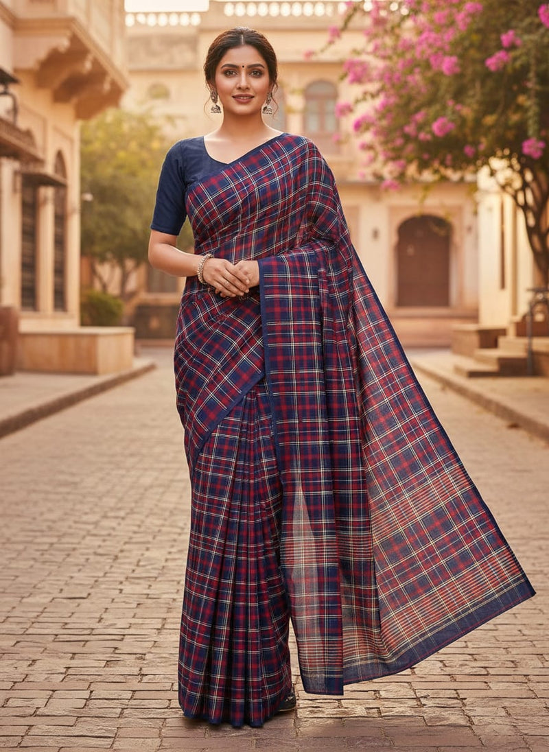 Gingham Pattern With Red And Blue Colour Digital Printed Fabric - Rayon