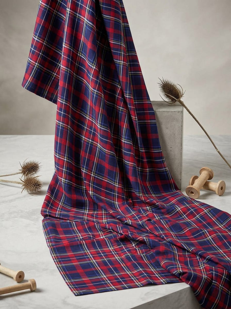 Navy and Red Tartan Checkered Pattern Rayon Digital Printed Fabric