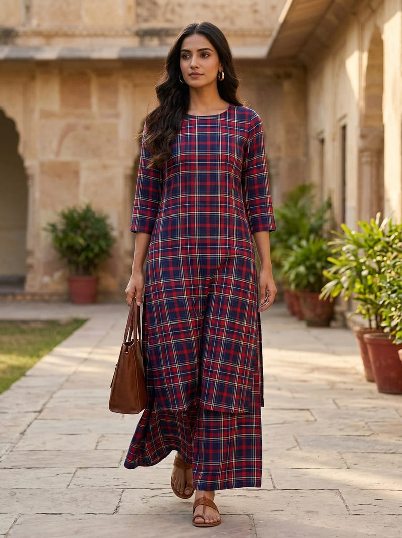 Navy and Red Tartan Checkered Pattern Rayon Digital Printed Fabric