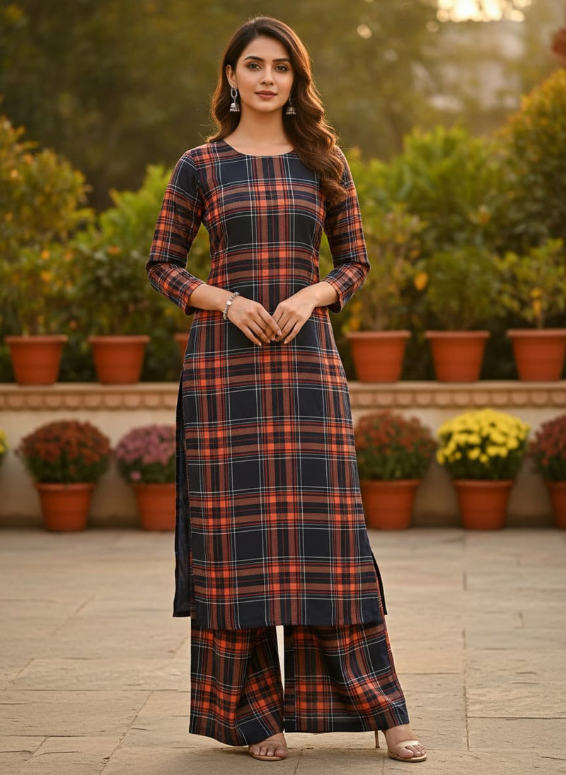 Morden Browny Checkered Digital Printed Fabric - Rayon