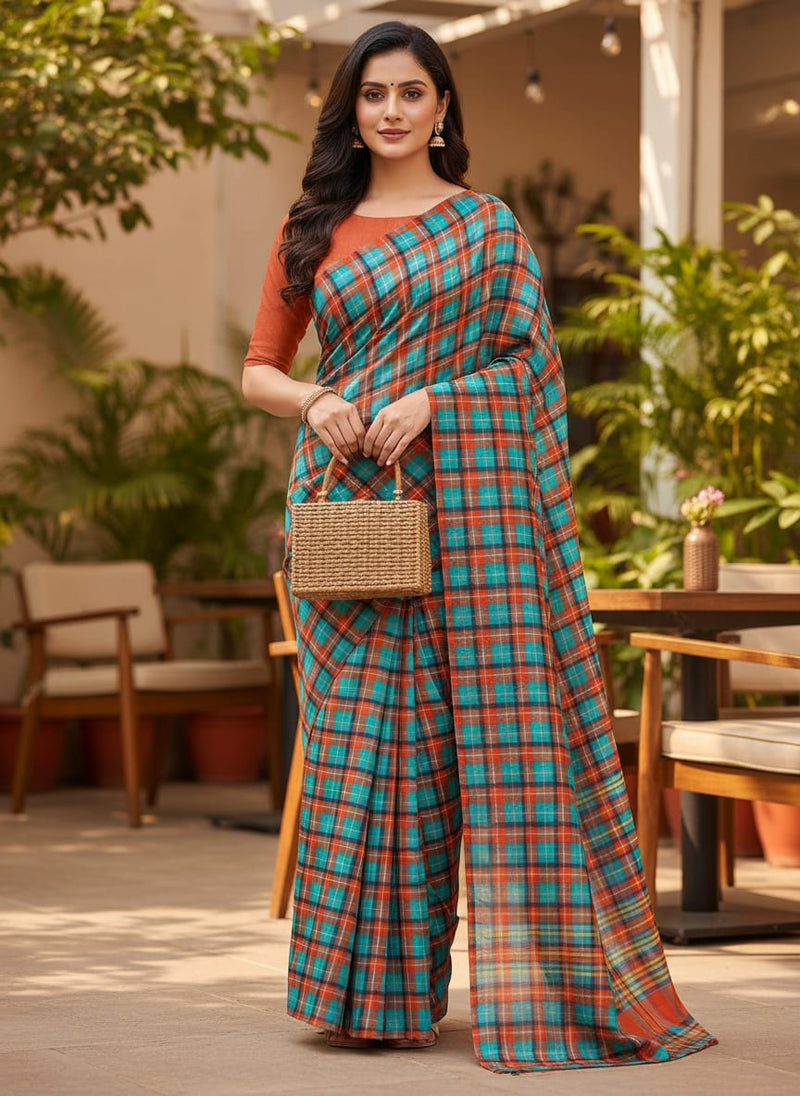 Multicolor Tartan Checkered Pattern Rayon Digital Printed Fabric