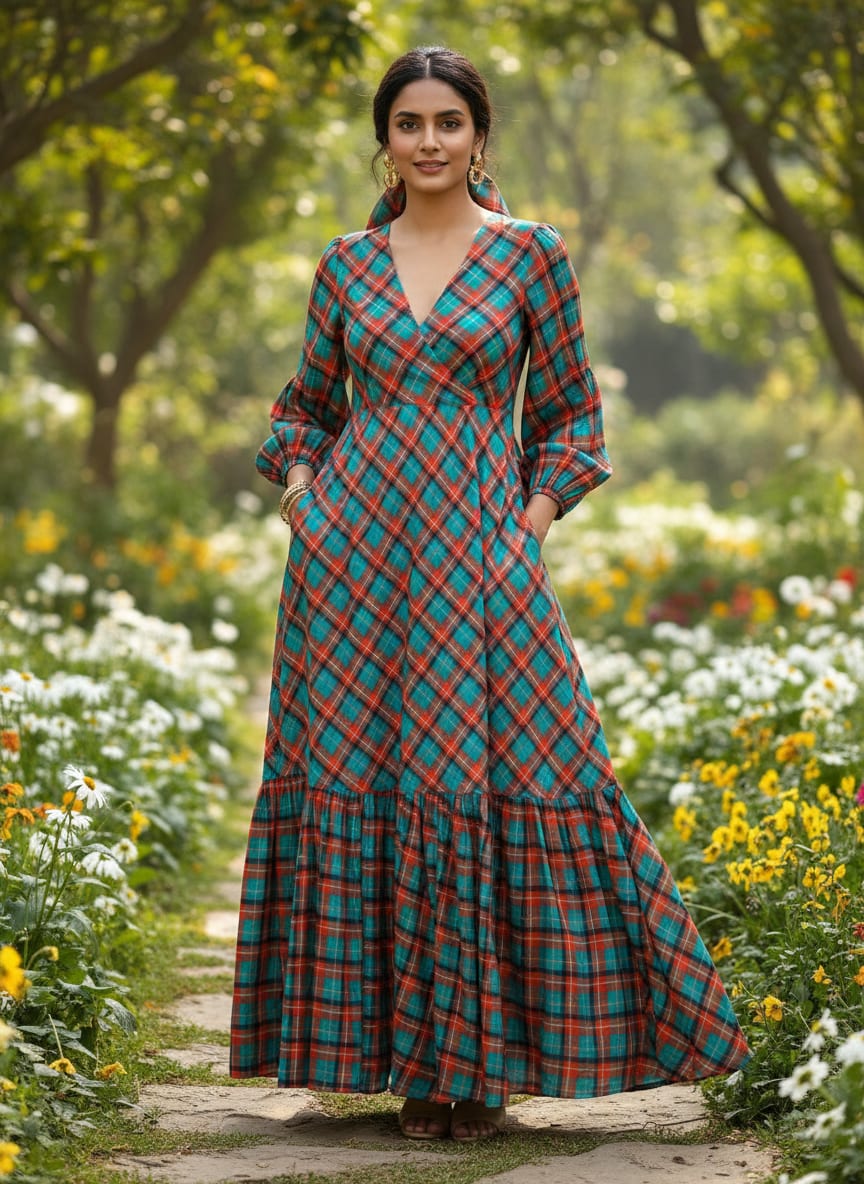 Multicolor Tartan Checkered Pattern Rayon Digital Printed Fabric
