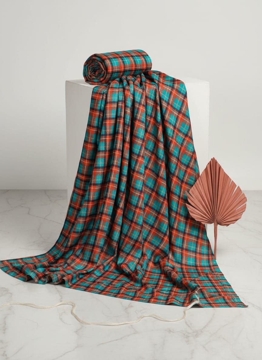 Multicolor Tartan Checkered Pattern Rayon Digital Printed Fabric