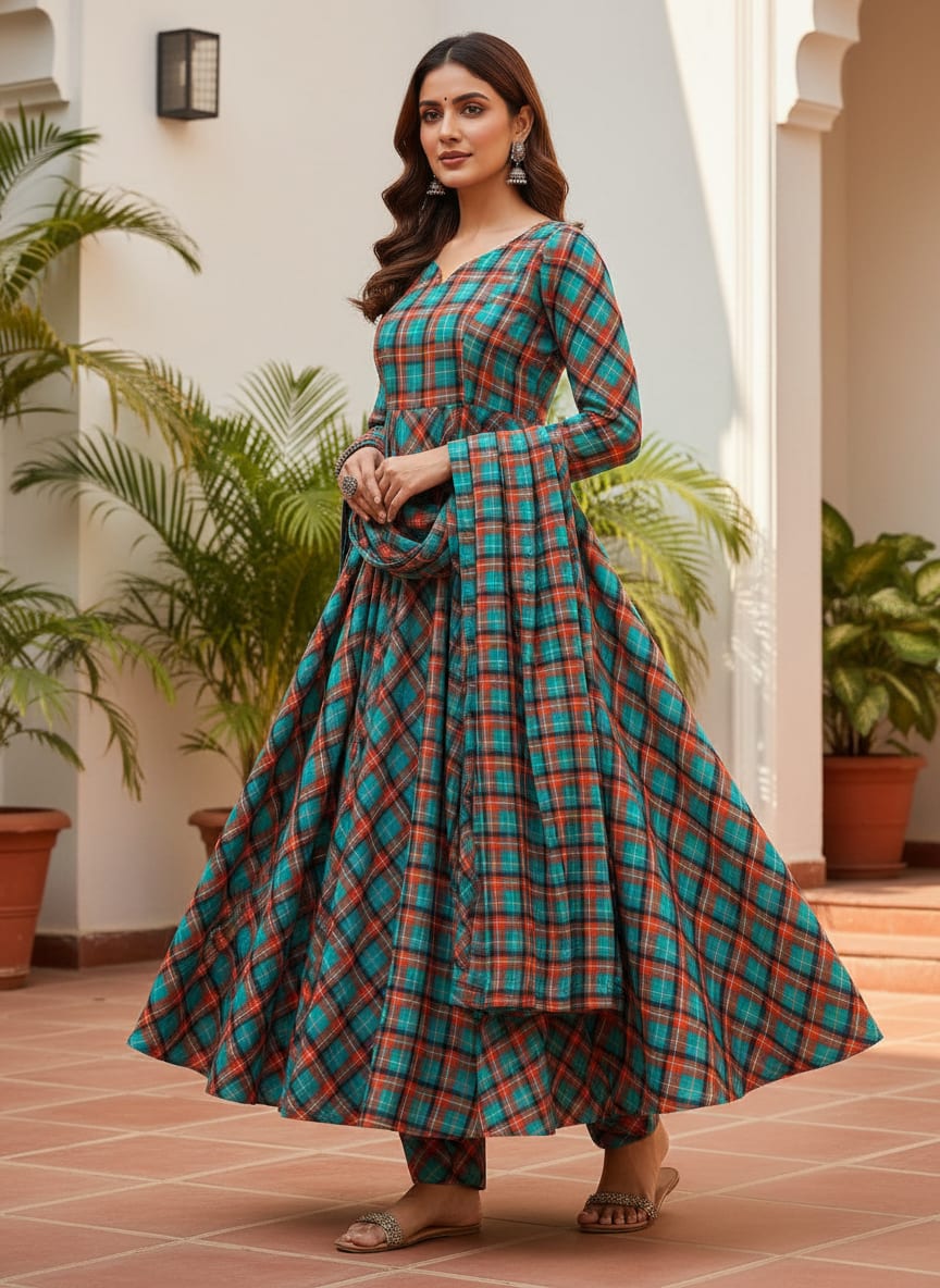 Multicolor Tartan Checkered Pattern Rayon Digital Printed Fabric