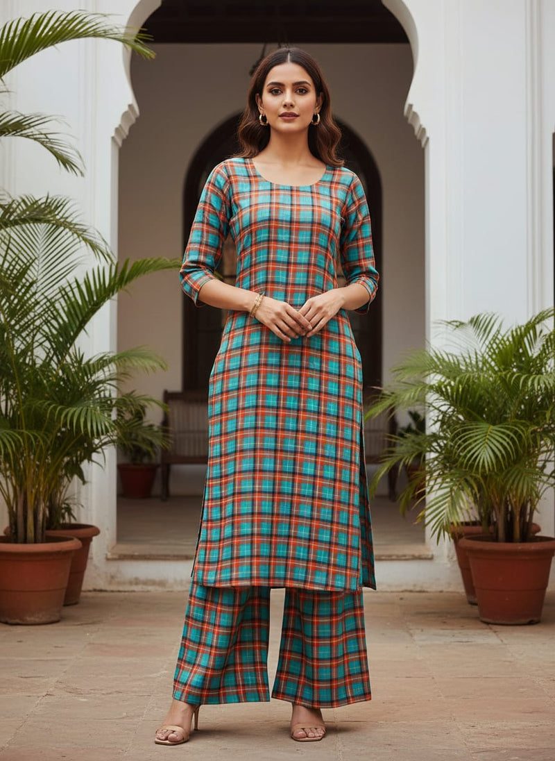 Multicolor Tartan Checkered Pattern Rayon Digital Printed Fabric