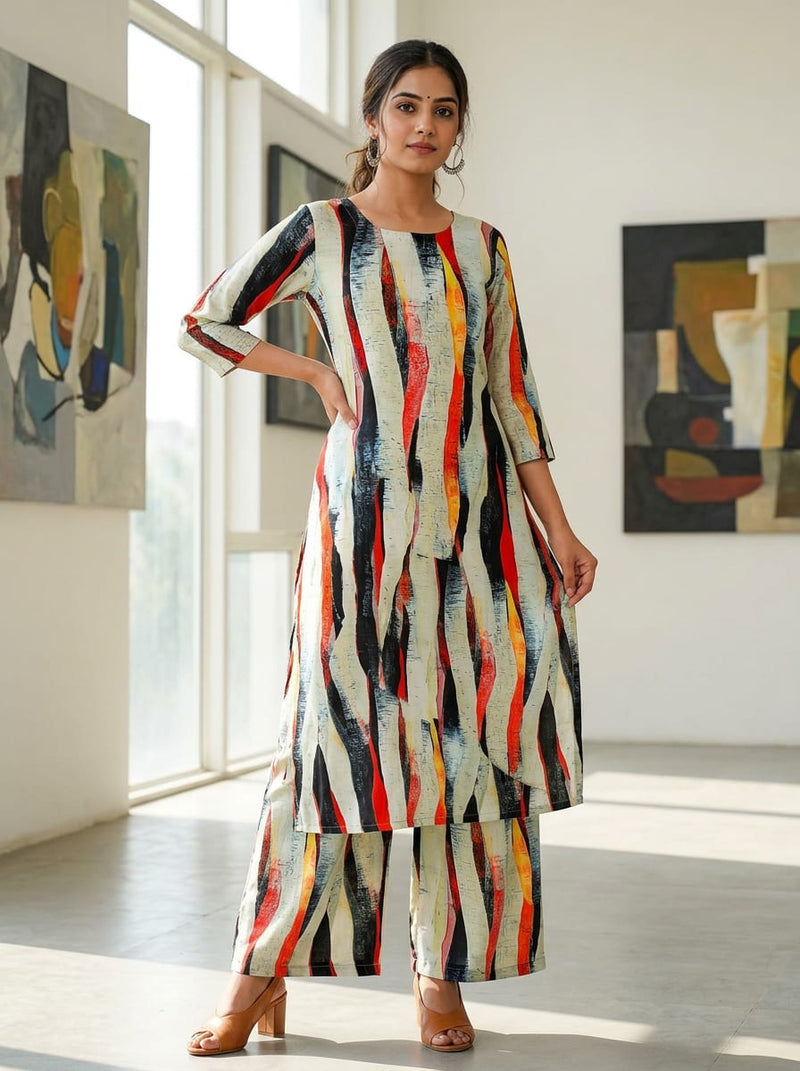 Multicolor Abstract Brushstroke Stripes Rayon Digital Printed Fabric