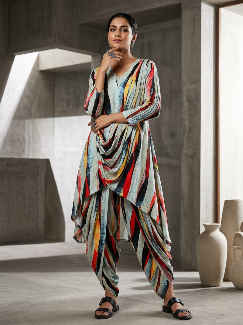 Multicolor Abstract Brushstroke Stripes Rayon Digital Printed Fabric