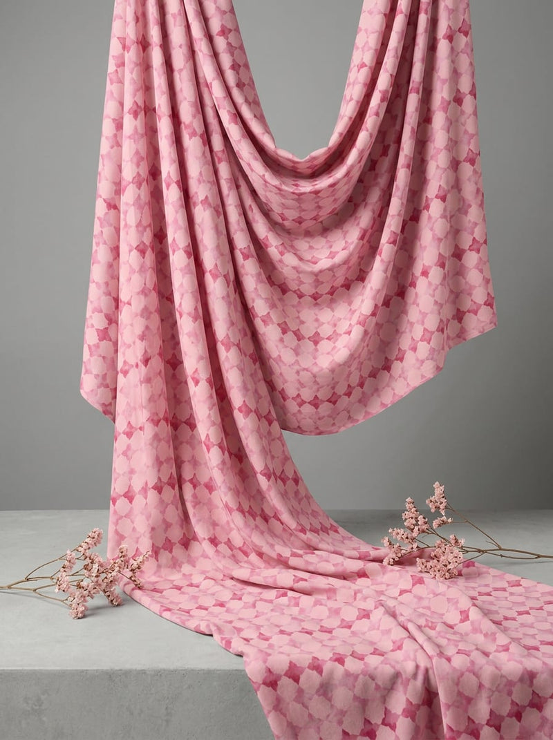 Pink Geometric Watercolour Trellis Rayon Digital Printed Fabric