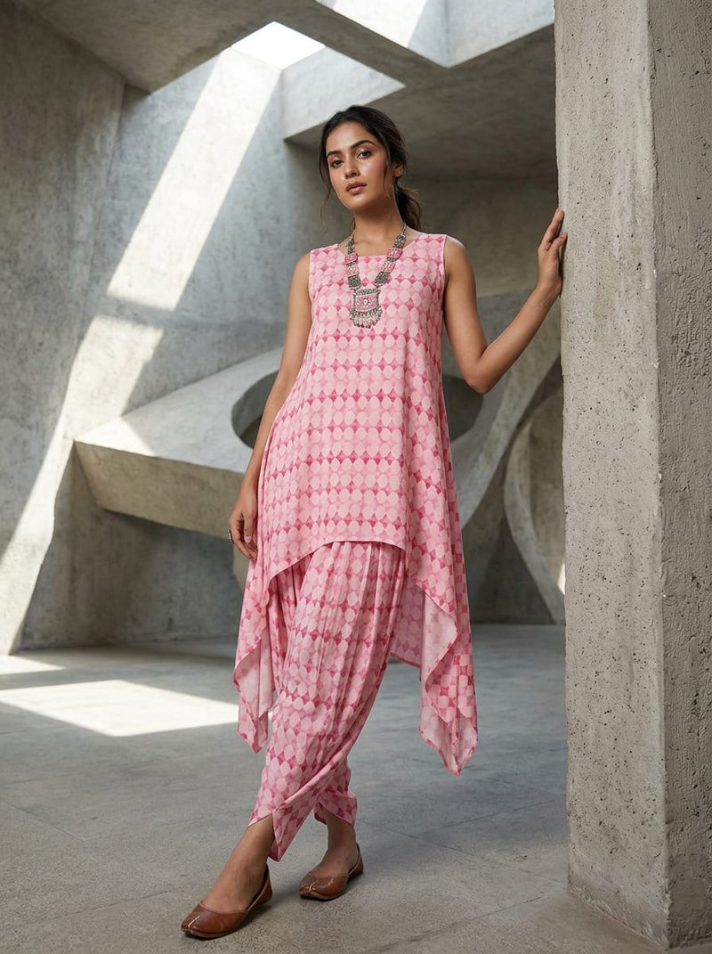 Pink Geometric Watercolour Trellis Rayon Digital Printed Fabric