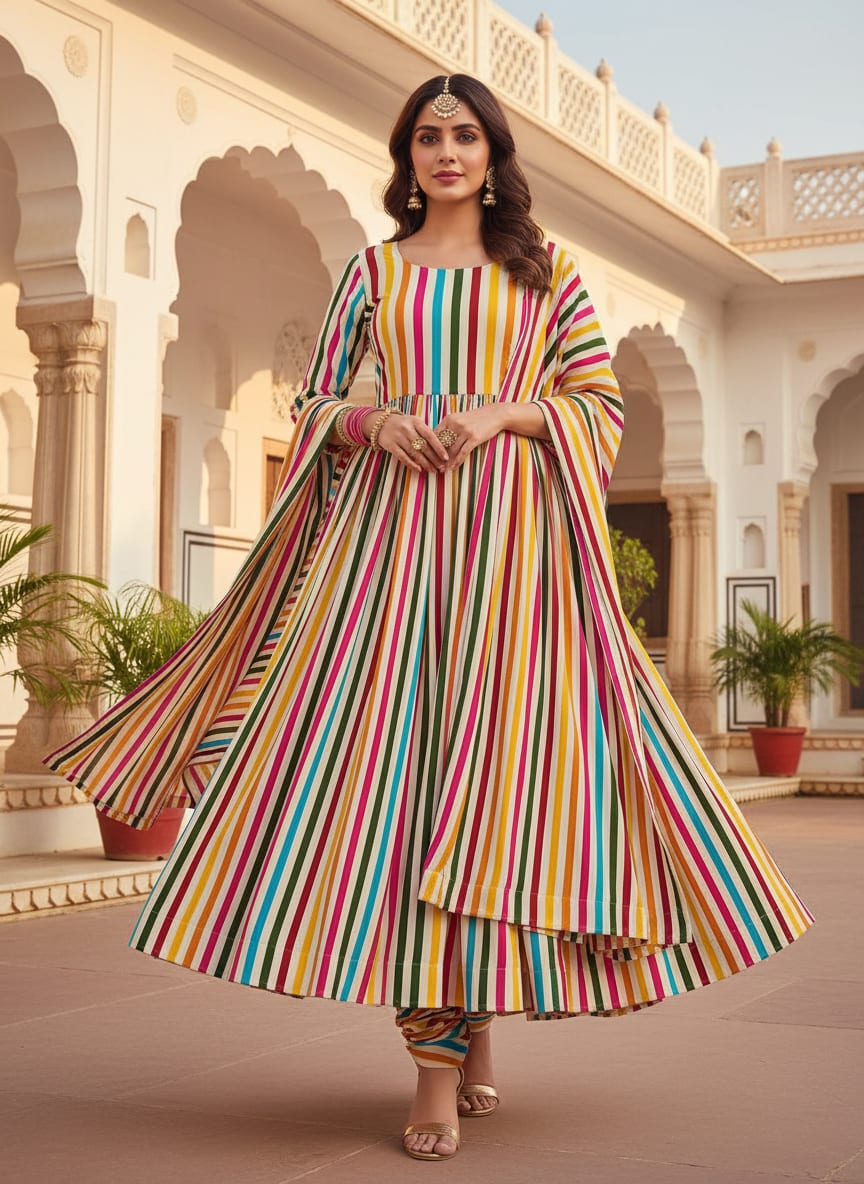 Multicolor Vibrant Rainbow Stripes Rayon Digital Printed Fabric
