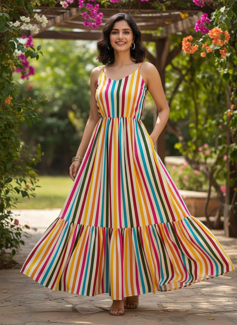 Multicolor Vibrant Rainbow Stripes Rayon Digital Printed Fabric