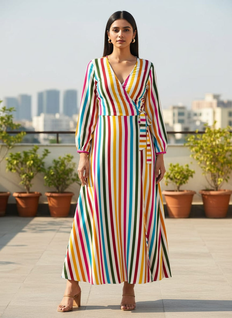Multicolor Vibrant Rainbow Stripes Rayon Digital Printed Fabric