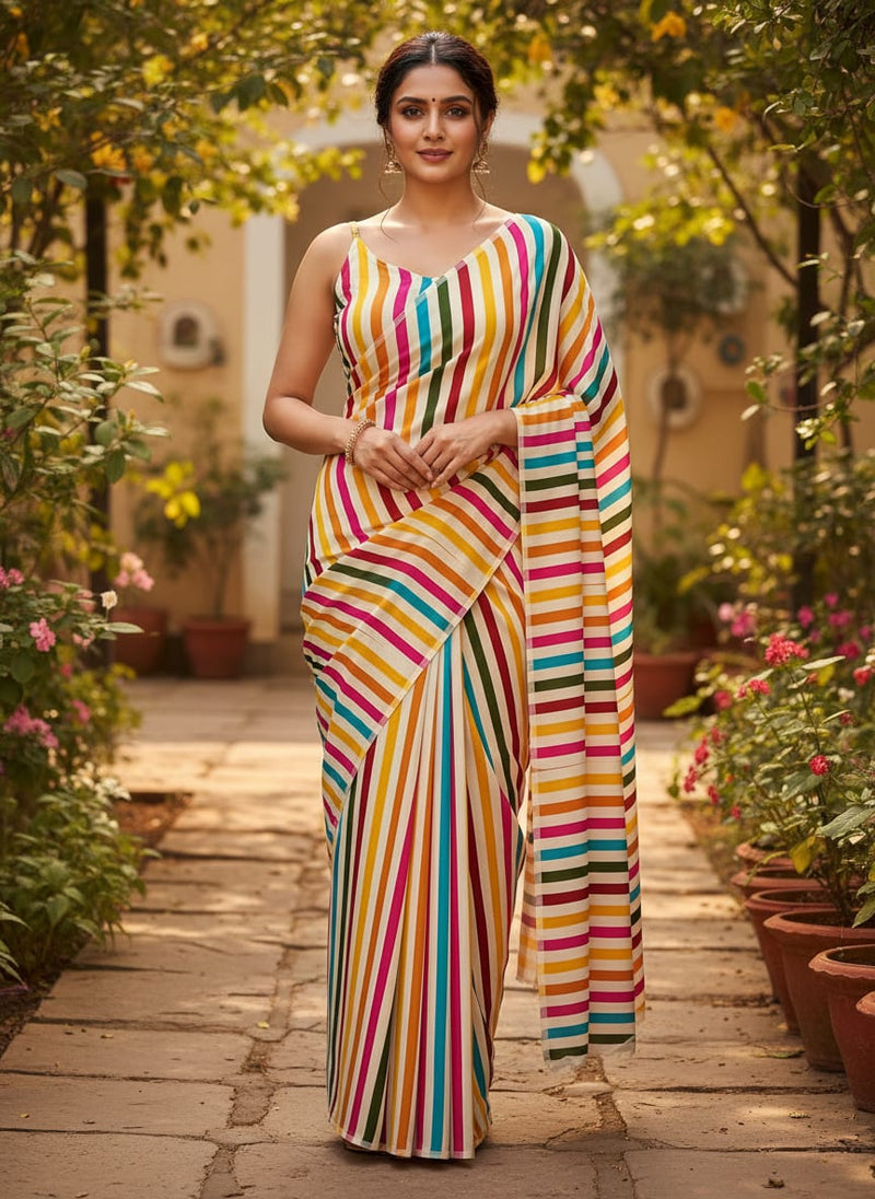 Multicolor Vibrant Rainbow Stripes Rayon Digital Printed Fabric