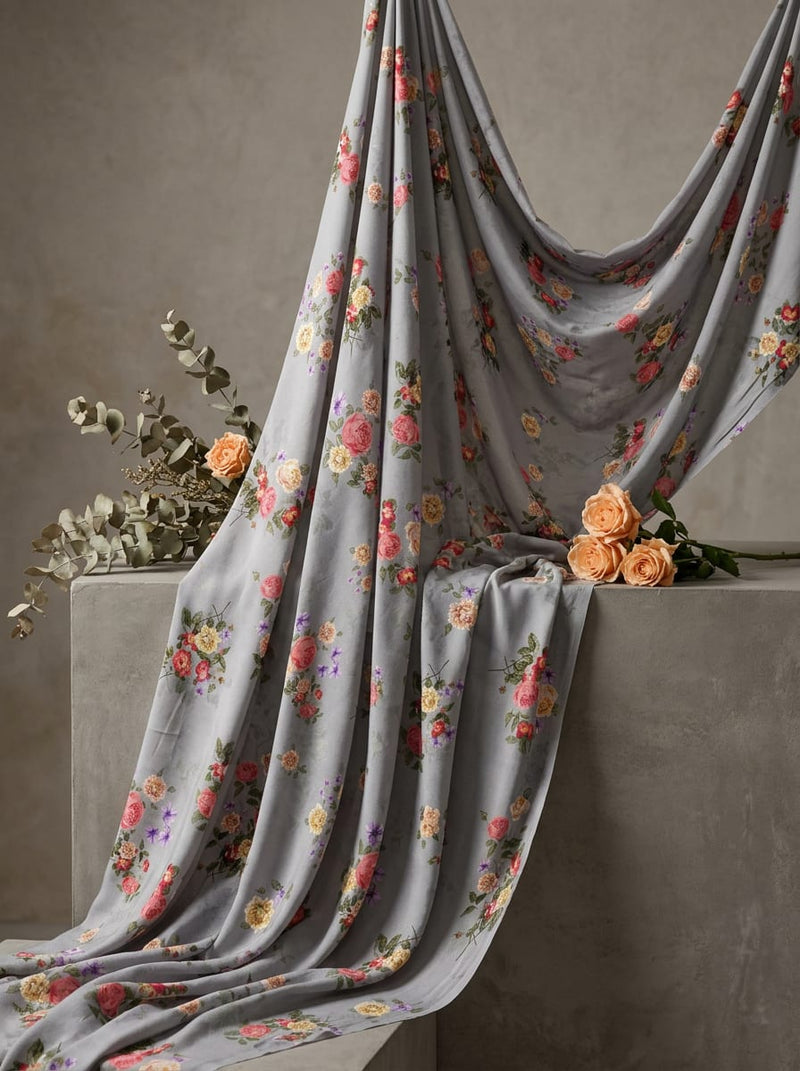Grey Small Rose Bouquets Floral Rayon Digital Printed Fabric