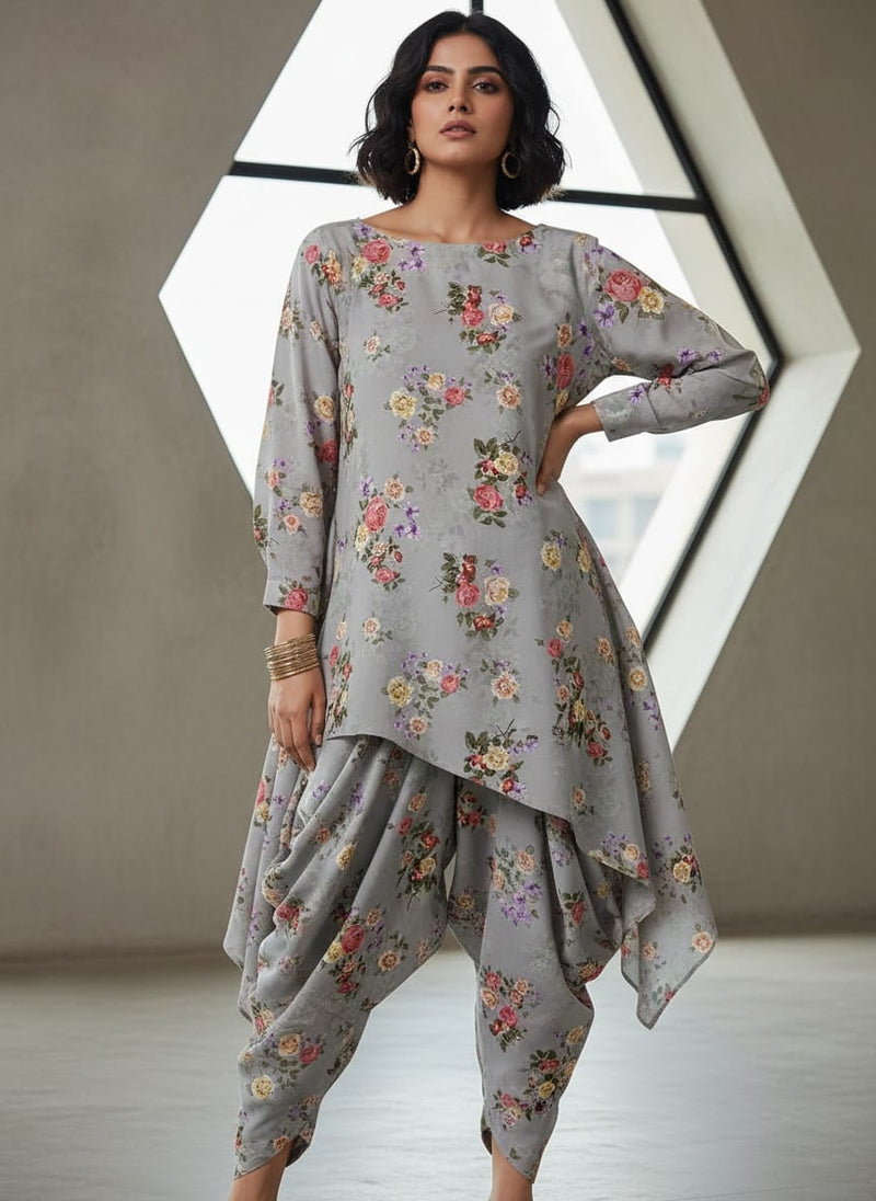 Grey Small Rose Bouquets Floral Rayon Digital Printed Fabric