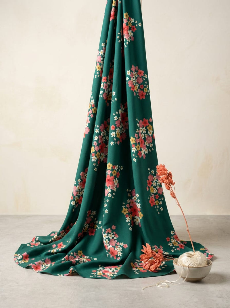 Teal Small Floral Bouquets Print Rayon Digital Printed Fabric