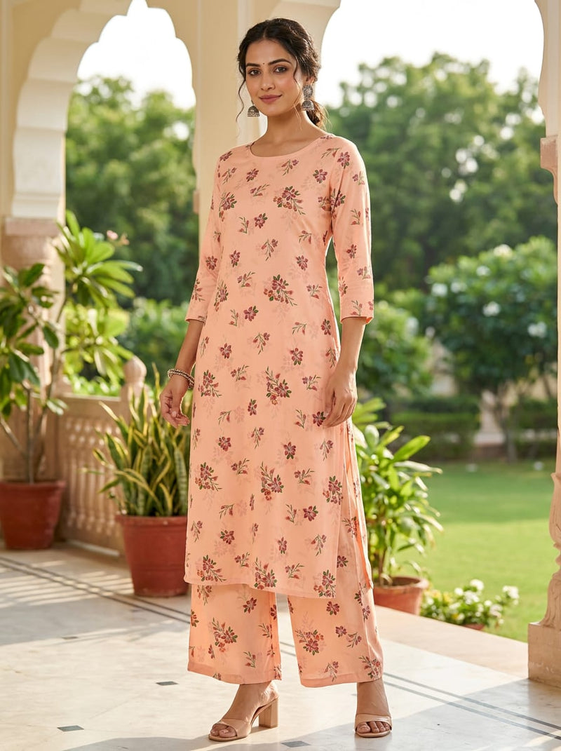 Peach Dainty Floral Sprigs Rayon Digital Printed Fabric
