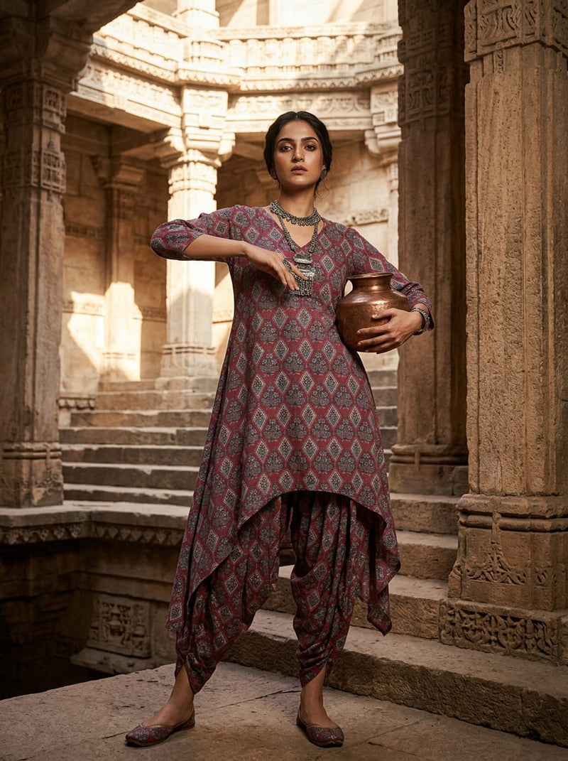 Maroon Ethnic Floral Diamond Jaal Pattern Rayon Digital Printed Fabric
