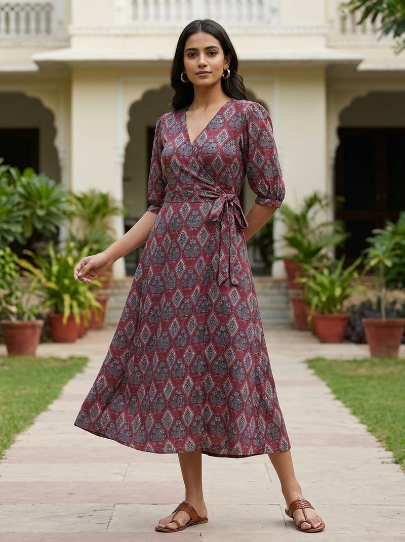 Maroon Ethnic Floral Diamond Jaal Pattern Rayon Digital Printed Fabric
