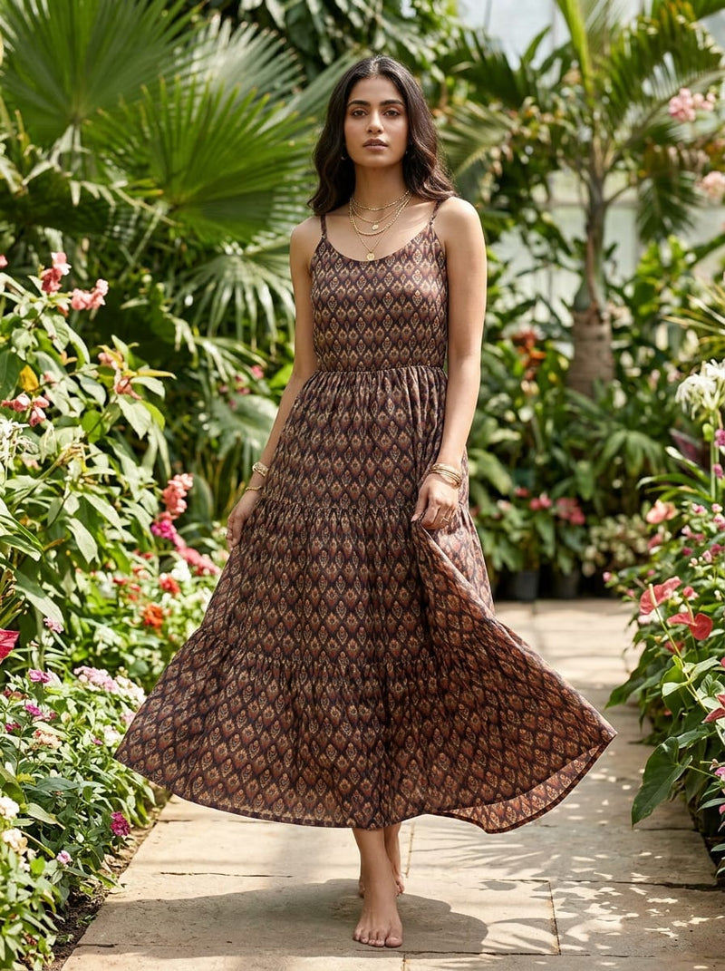 Brown Ethnic Ikat Geometric Pattern Rayon Digital Printed Fabric