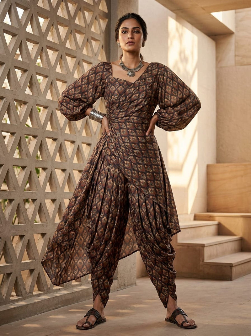 Brown Ethnic Ikat Geometric Pattern Rayon Digital Printed Fabric