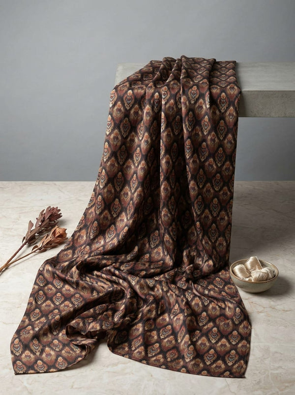 Brown Ethnic Ikat Geometric Pattern Rayon Digital Printed Fabric - Fabric Editorial Studio Flatlay Lookbook - RA-0-MA0473-110