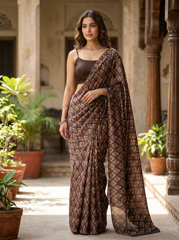 Brown Ethnic Ikat Geometric Pattern Rayon Digital Printed Fabric - Saree Lookbook - RA-0-MA0473-110 - alternate view