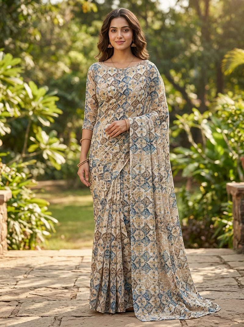 Multicolor Ethnic Ikat Inspired Pattern Rayon Digital Printed Fabric