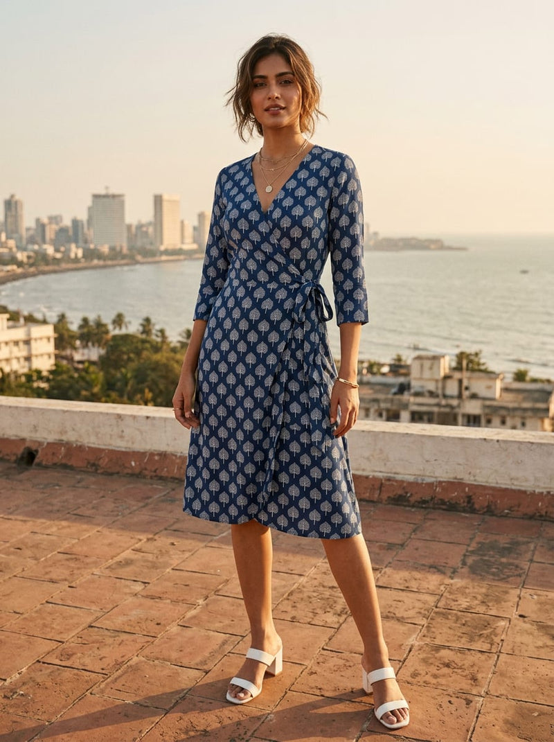 Navy Stylized Tree Motif Rayon Digital Printed Fabric