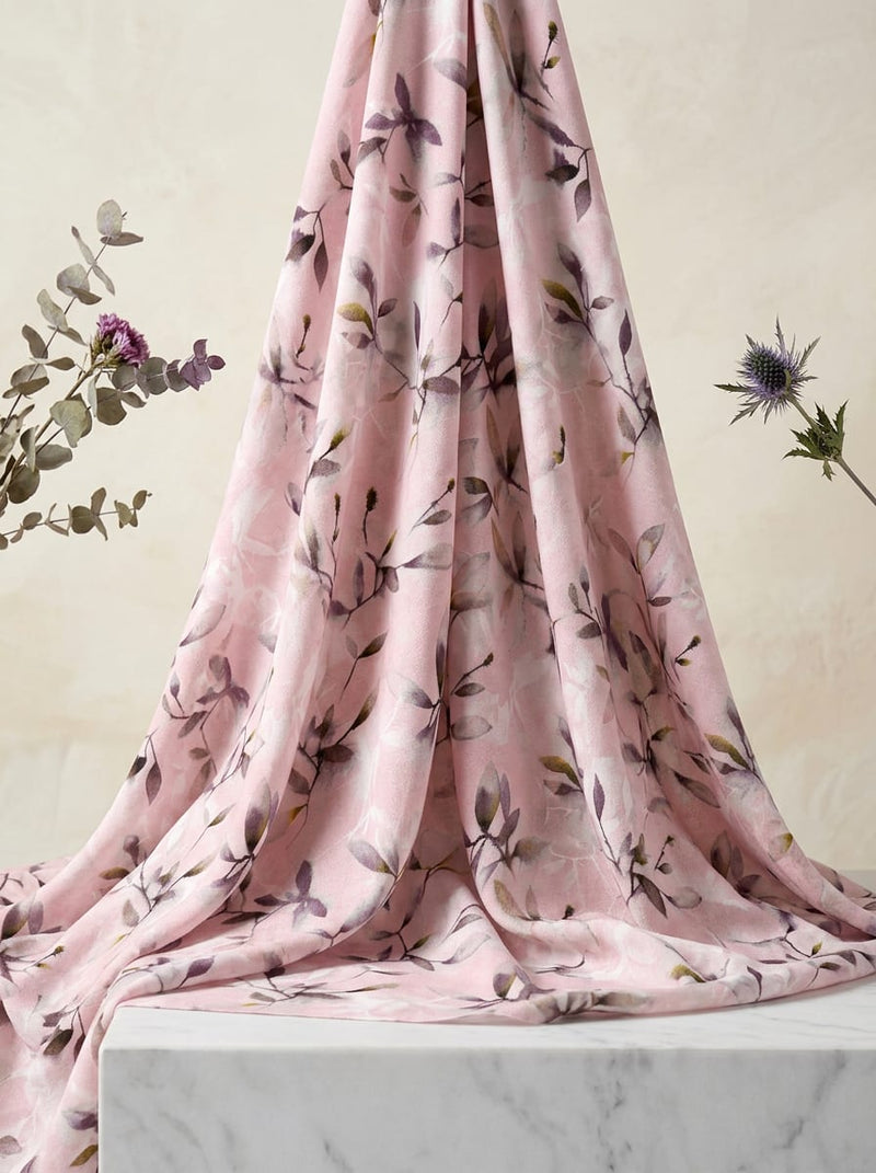 Pink Delicate Watercolour Botanical Leaves Rayon Digital Printed Fabric