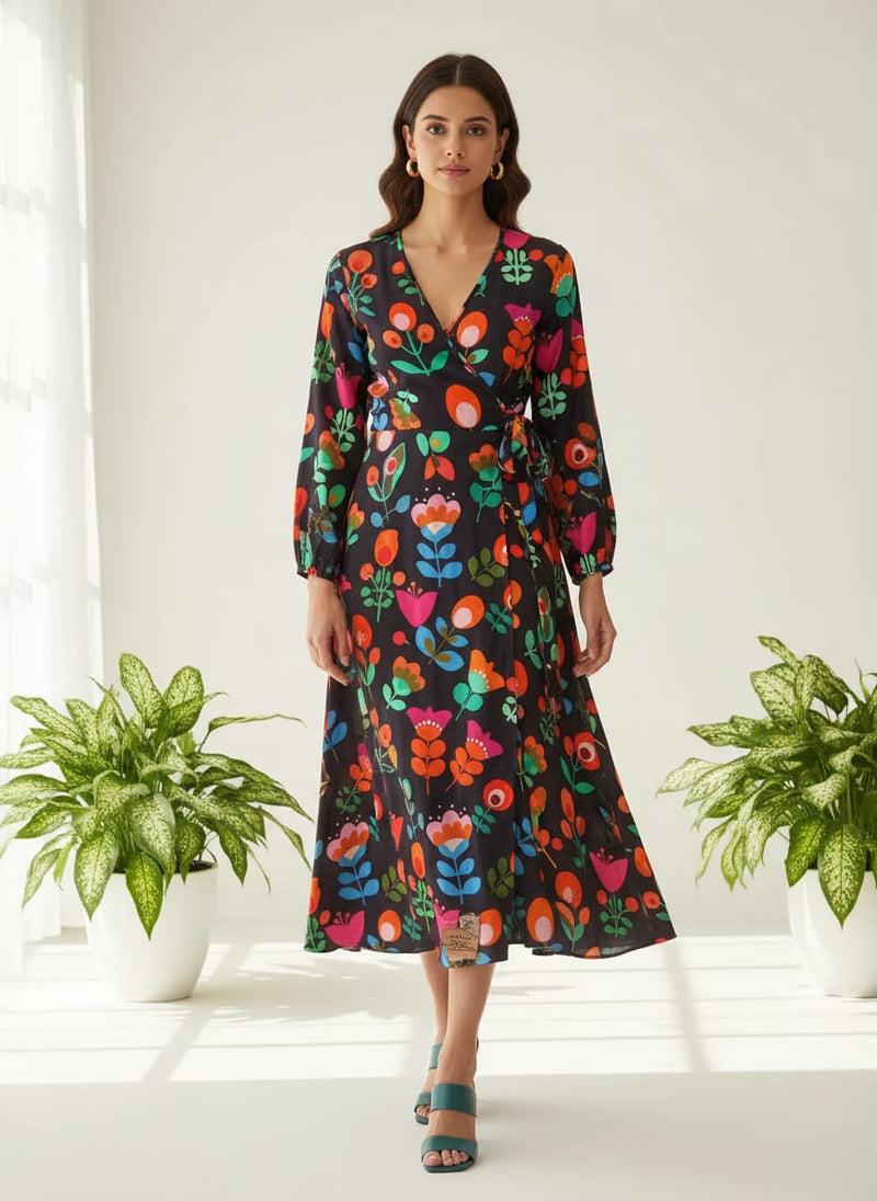 Multicolor Colorful Graphic Folk Floral Rayon Digital Printed Fabric