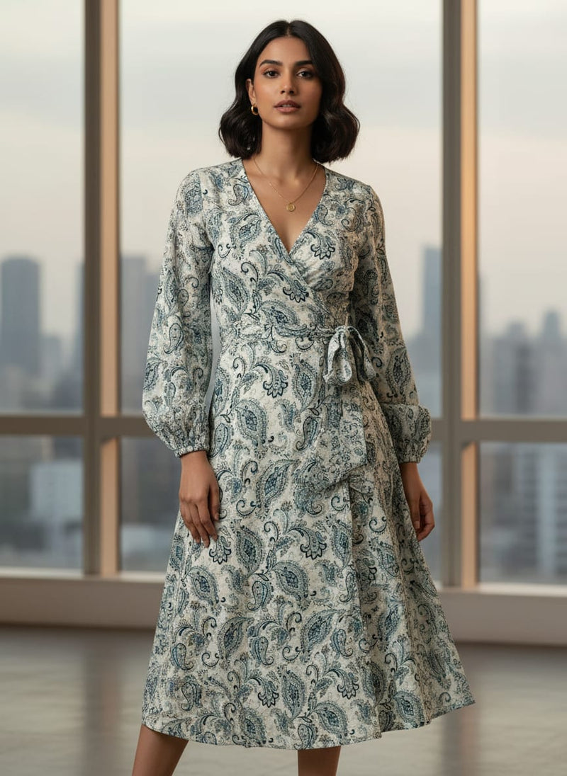 Blue and Grey Traditional Paisley Rayon Digital Printed Fabric
