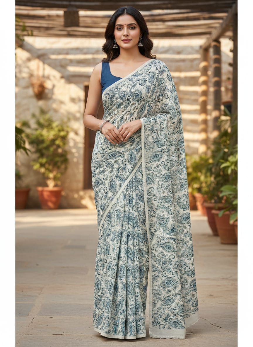 Blue and Grey Traditional Paisley Rayon Digital Printed Fabric