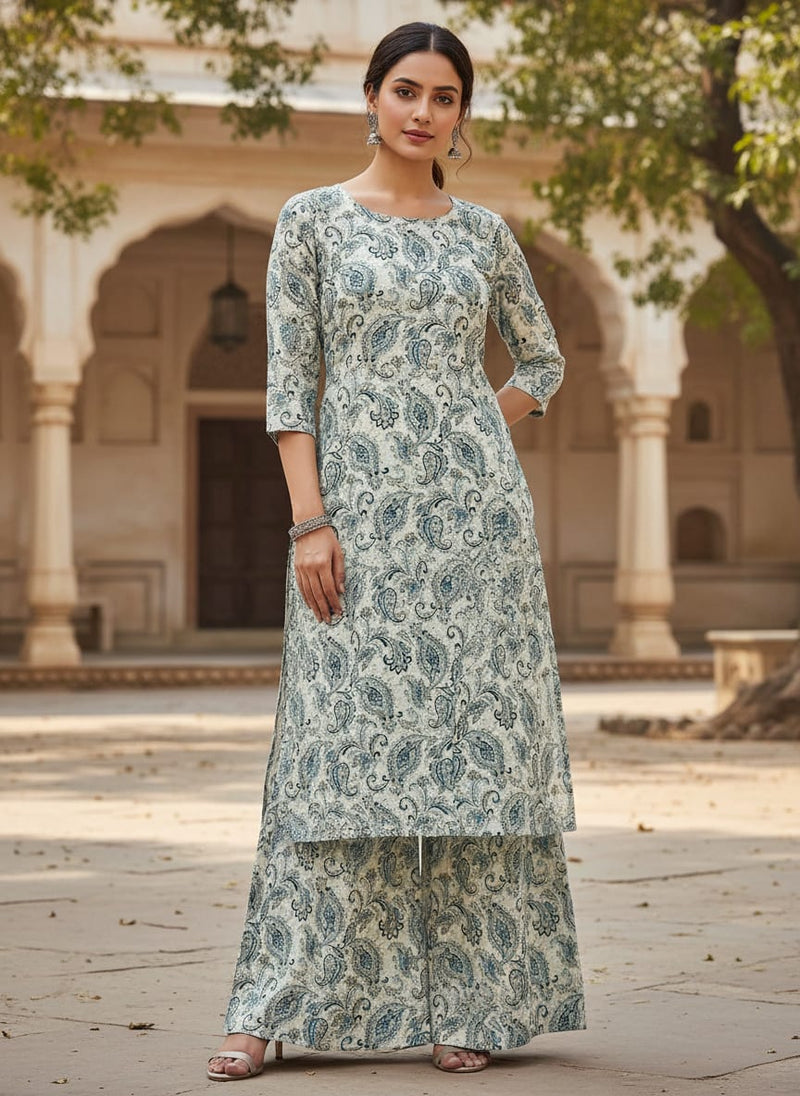 Blue and Grey Traditional Paisley Rayon Digital Printed Fabric