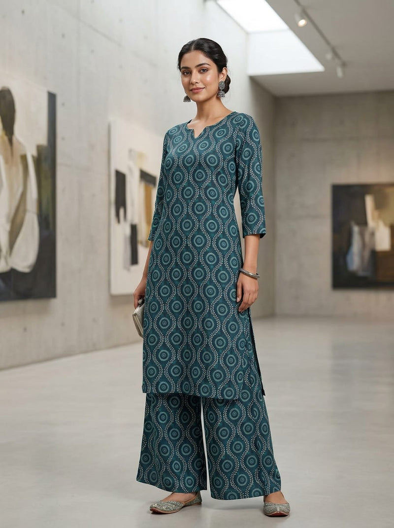 Navy Ethnic Geometric Ogee Pattern Rayon Digital Printed Fabric