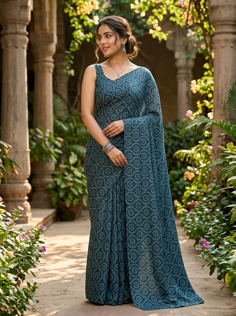 Navy Ethnic Geometric Ogee Pattern Rayon Digital Printed Fabric