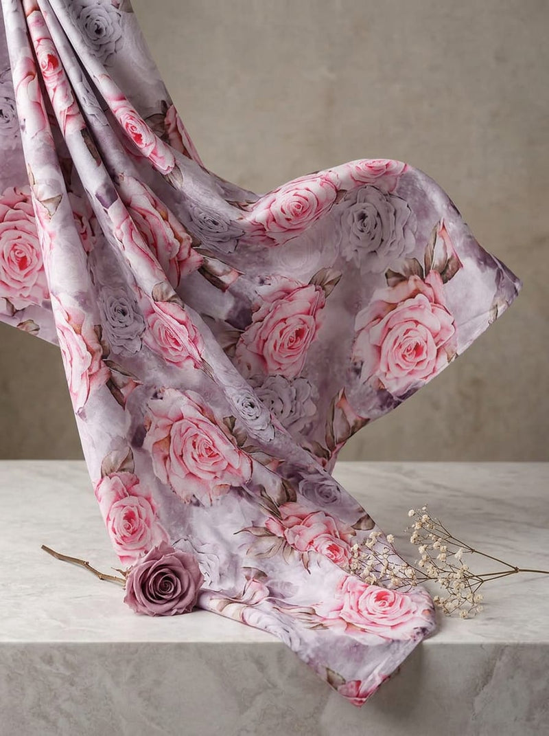 Pink Romantic Rose Floral Rayon Digital Printed Fabric