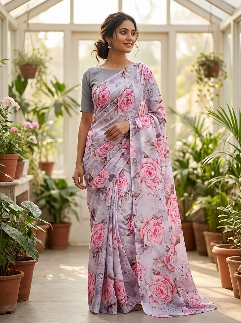 Pink Romantic Rose Floral Rayon Digital Printed Fabric
