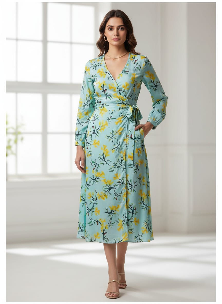 Blue Yellow Daffodil Floral Rayon Digital Printed Fabric
