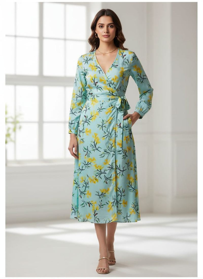 Blue Yellow Daffodil Floral Rayon Digital Printed Fabric